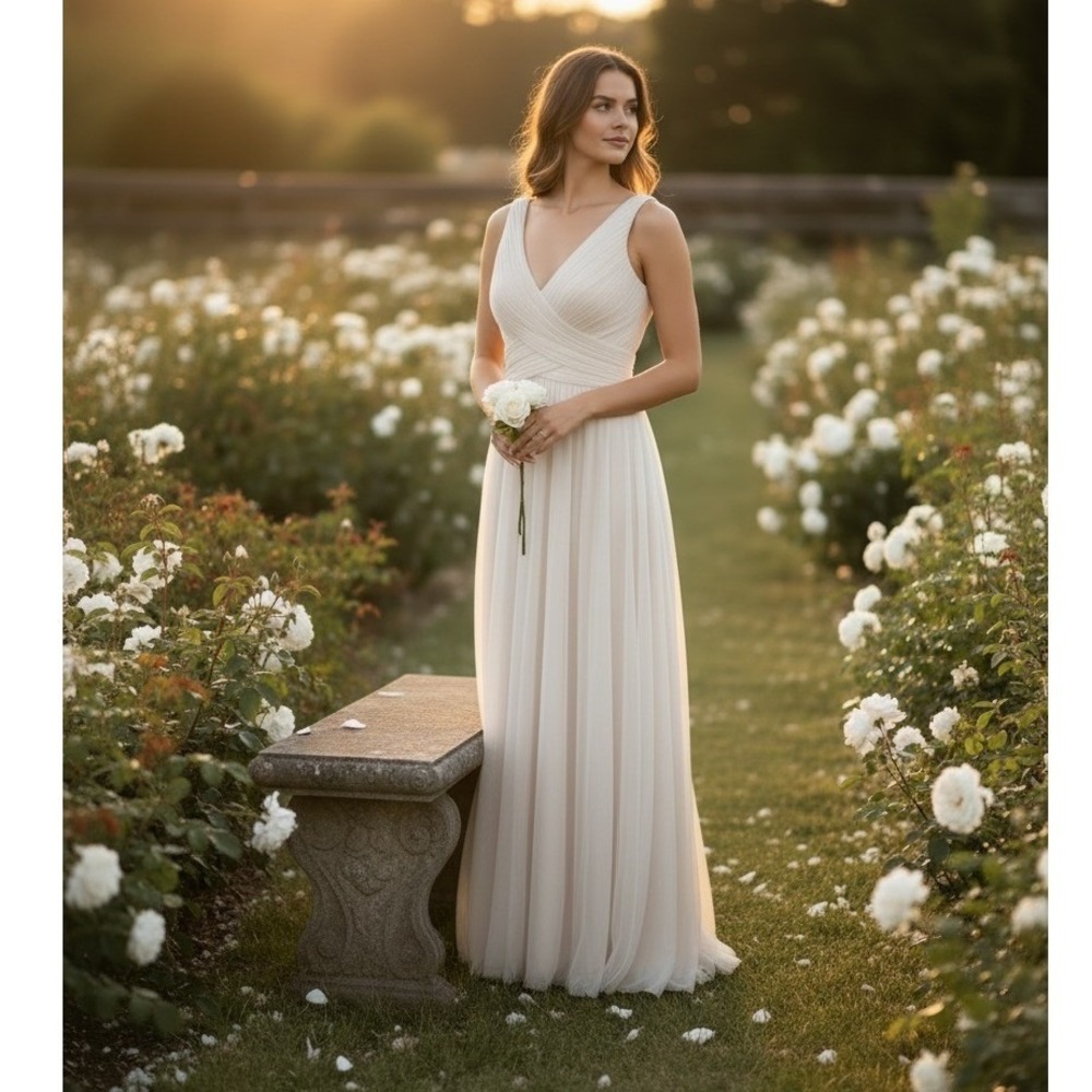 Anthropologie Ivory V-Neck Pleated Chiffon Maxi Dress